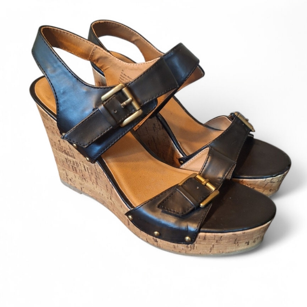 Mossimo Supply Co Black and Brown Wedge Heels with Cork-like Texture